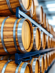 Oak barrels stacked in warehouse, aging process, brewery background