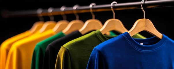 Variety of Colorful T Shirts Hanging Neatly on Hangers in a Row Apparel Garments Fashion Clothing Rack Store
