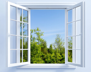 Open window, spring trees, blue sky view, home interior