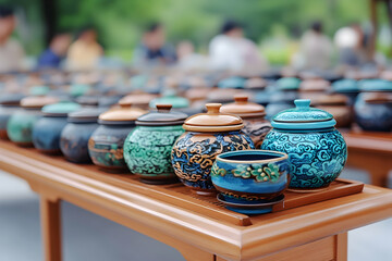 Ornate pottery displayed outdoors at park event