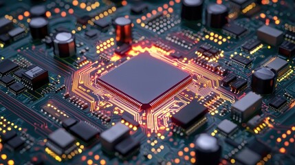 Obraz premium Close-up view of a glowing microprocessor on a circuit board with illuminated components