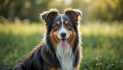 Australian Shepherd Dog in a Wildflower Field - A Vibrant Outdoor Scene