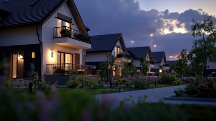 Modern suburban homes illuminated at dusk, surrounded by vibrant gardens and a serene pathway