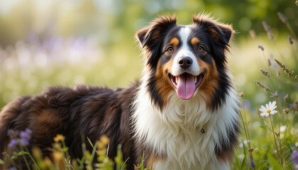 Fototapeta premium Australian Shepherd Dog in a Wildflower Field - A Vibrant Outdoor Scene