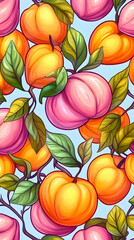 Peach orchard harvest, summer fruits, vibrant colors, seamless pattern, food design