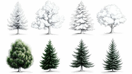 Pencil sketch and color illustrations of various trees