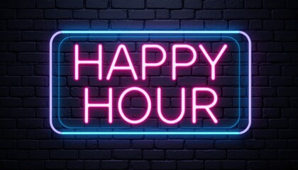 Obraz premium Vibrant Neon Happy Hour Sign Illuminating a Dark Brick Wall for Nightlife and Bar Atmosphere Enhancement