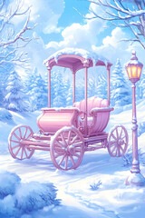 Pink carriage in snowy winter landscape, whimsical fairytale scene, ideal for children's book illustration