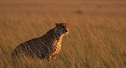 Cheetah Sitting in Golden Grass Savanna Wildlife in Natural Habitat