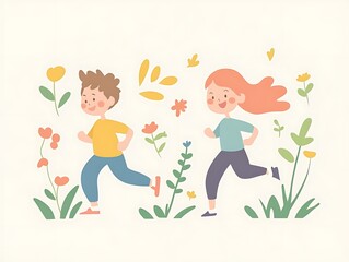 there are two children running in the grass with flowers
