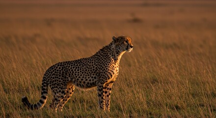 Cheetah Standing in Golden Grassland at Sunset in African Savanna