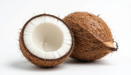 Fresh Coconuts with Brown Shell and Creamy White Flesh on White Background, Tropical Fruit for Culinary Use and Decor