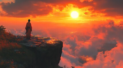 Fototapeta premium A lone samurai warrior stands on a cliff, gazing at a stunning sunset and contemplating the beauty and tranquility of nature