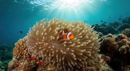 Clownfish Hiding in Anemone in Tropical Coral Reef with Sunbeams