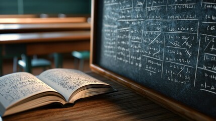 Obraz premium Open book with mathematical equations on a wooden desk in a classroom with chalkboard background