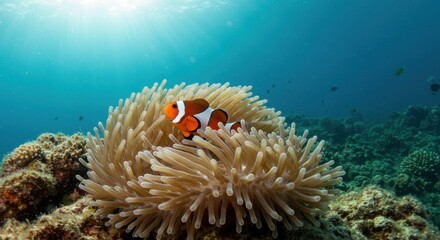 Clownfish Swimming Near Anemone in Tropical Ocean Habitat Underwater
