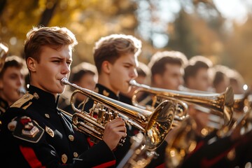 Obraz premium Marching band musicians playing trumpets during a parade