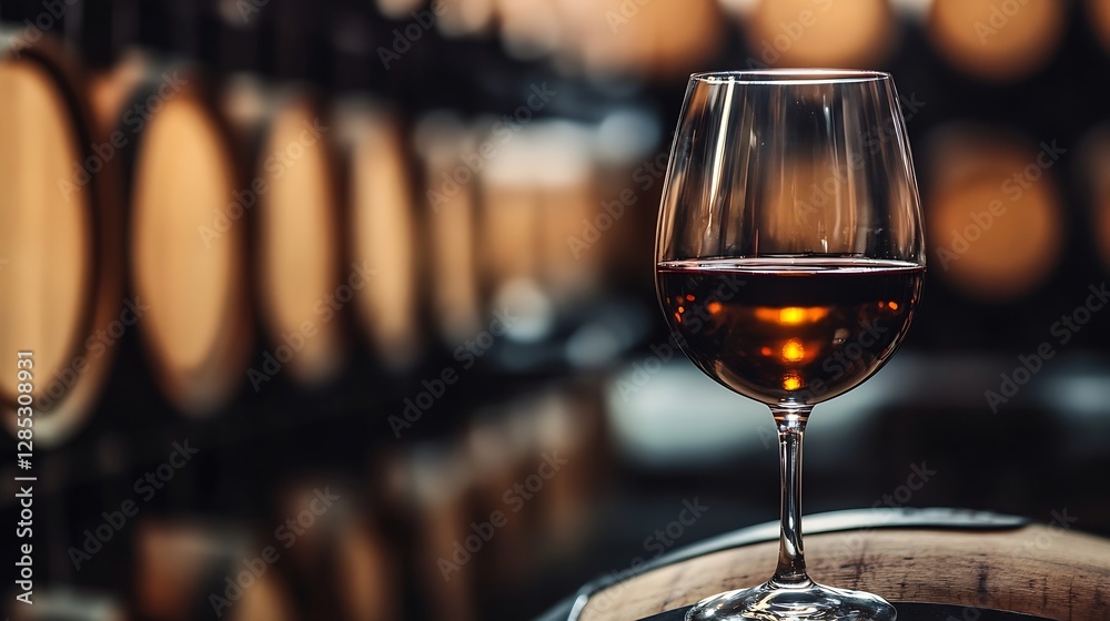 Poster elegant wine glass filled with dark red wine in a rustic wine cellar background : generative ai