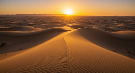Desert Sand Dunes at Sunrise with Golden Light and Rippled Texture
