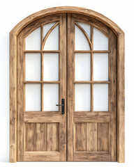 Rustic arched double doors, glass panes, white background, home interior design