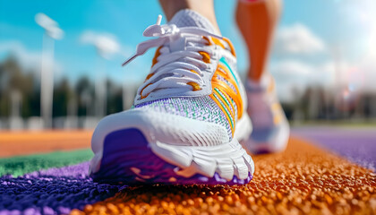 Runner's shoe close-up, track, sunny day, outdoor workout