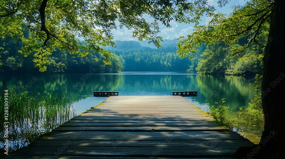 Poster Tranquil Lake View with Dock Surrounded by Lush Green Trees : Generative AI