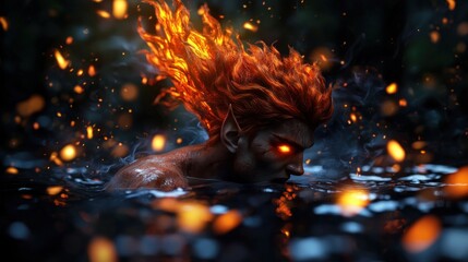 A fiery-haired figure emerges from a dark, smoky water scene, surrounded by glowing embers