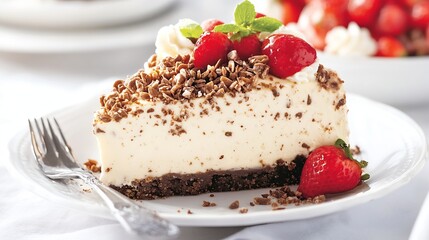 Delicious slice of cheesecake topped with fresh strawberries and mint on a white plate : Generative AI