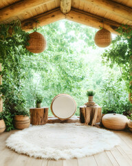 Serene yoga studio in wooden cabin, nature view