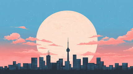 Obraz premium Cityscape Silhouette with Full Moon and Pink Clouds