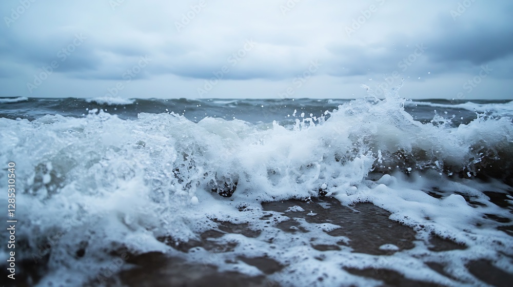 Poster powerful ocean waves crashing on the shore under a cloudy sky : generative ai