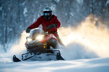 Man riding snowmobile in snowy forest at sunset