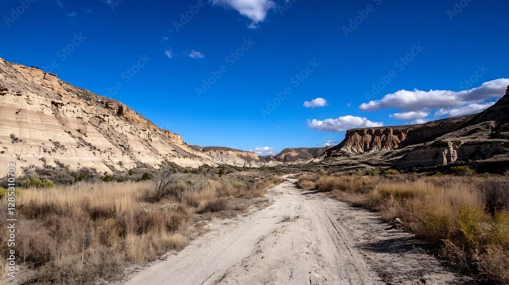 Poster expansive desert landscape showcasing rugged cliffs and a dirt path under a bright blue sky : genera