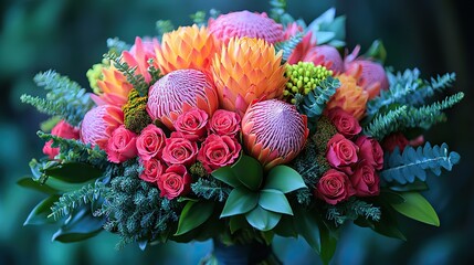 A lush tropical flower bouquet features a variety of exotic blooms and lush green leaves, creating a stunning display of tropical abundance