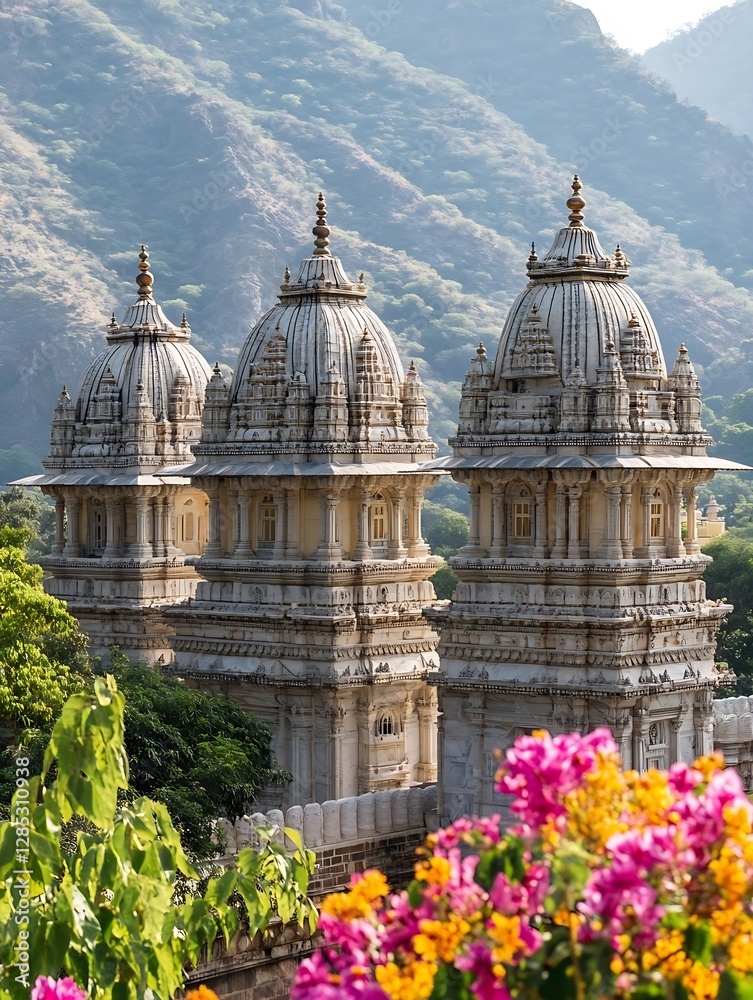 Poster magnificent temples surrounded by lush green mountains showcasing beautiful architecture : generativ