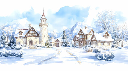 Snowy village winter scene, houses, mountains, postcard