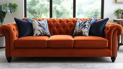 Fototapeta premium orange velvet sofa with a tufted back and plush cushions, perfect for adding a vibrant touch to any living space Its elegant design and rich color, perfect for relaxing and socializing