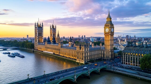 Majestic Aerial View of London's Iconic Big Ben and the Houses of Parliament at Sunset : Generative AI