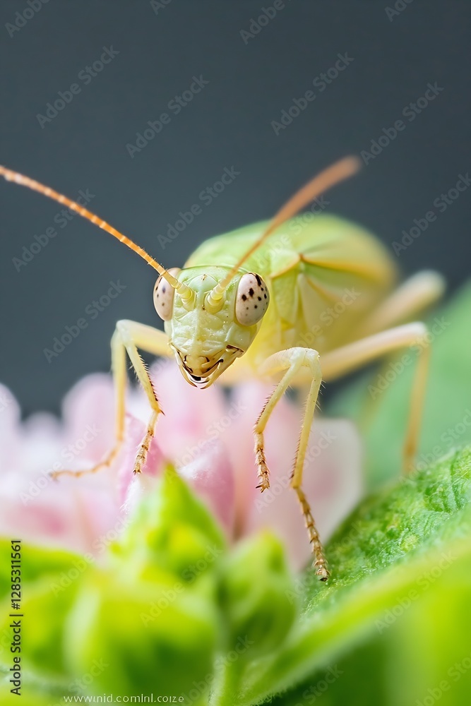 Poster macro shot of a green grasshopper on pink flower petals with detailed features : generative ai