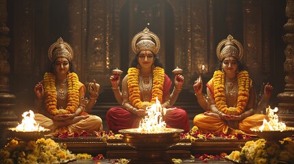 Obraz premium Three women in a golden temple meditating with flames present