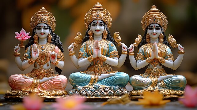 Three statues of goddesses sit in serene meditative poses gracefully