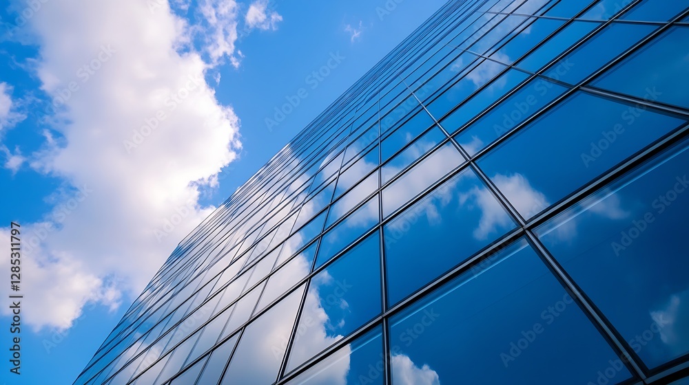 Aufkleber Modern glass building reflecting clouds and sky creating a stunning architectural view : Generative AI