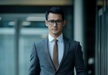 Fototapeta premium A man wearing a suit and tie is standing in front of a wall. He is wearing glasses and has a tie with a pattern on it