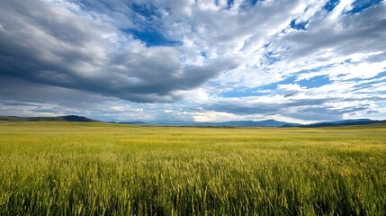 Fototapeta premium Vast green field under a dramatic sky filled with clouds and sunlight : Generative AI