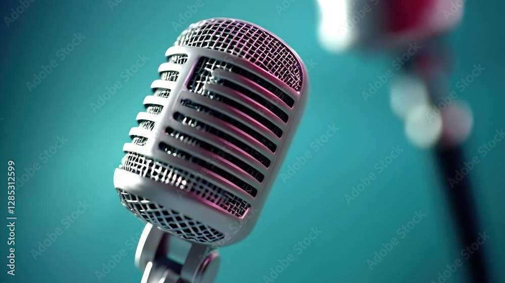 Wall mural close-up of a vintage microphone on stage with soft lighting and blurred background elements