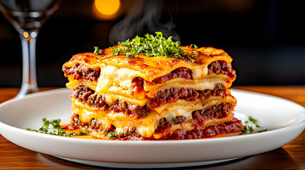 Steaming lasagna, restaurant setting, wine glass