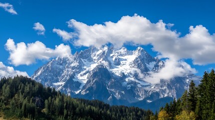 Fototapeta premium Majestic Alpine Mountain Range with Snowy Peaks and Blue Sky : Generative AI
