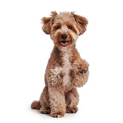 A photo of a happy, smiling, and intelligent purebred Toy Poodle sitting and giving its paw. The dog is on a white background generated by AI