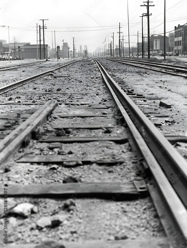 Poster abandoned railway tracks stretching into the distance evoking nostalgia and history : generative ai