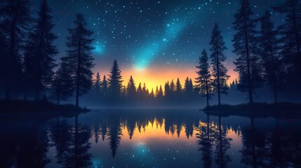 Fototapeta premium A magical forest at night with a sky full of shooting stars and the aurora borealis reflected in a lake, creating a breathtaking and awe-inspiring scene